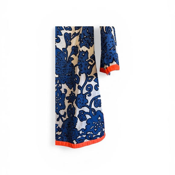 Blue Floral Tunic Orange Trim Light Weight 100% Cotton US Size 4 Beach Cover Up - Picture 5 of 15